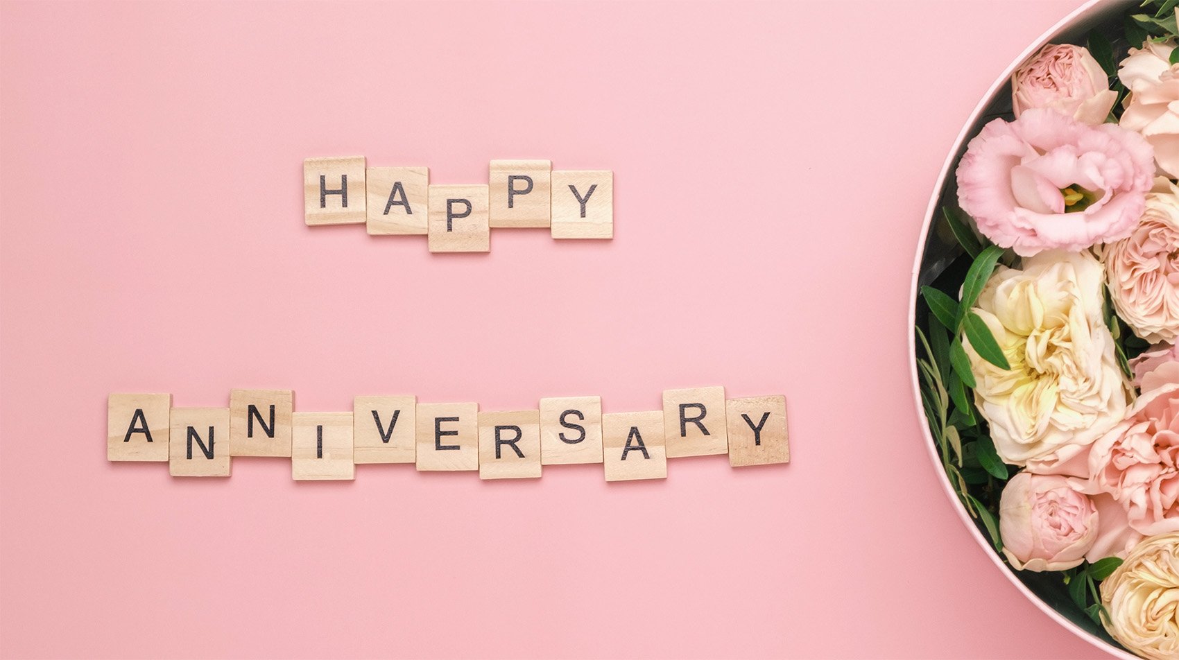 Happy Anniversary scrabble letters with pink roses and peonies bouquet - romantic anniversary date ideas for couples