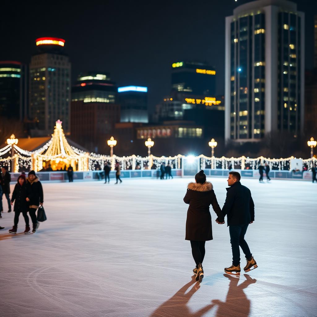 Couple ice skating at Bellevue Downtown Ice Rink outdoor seasonal rink
