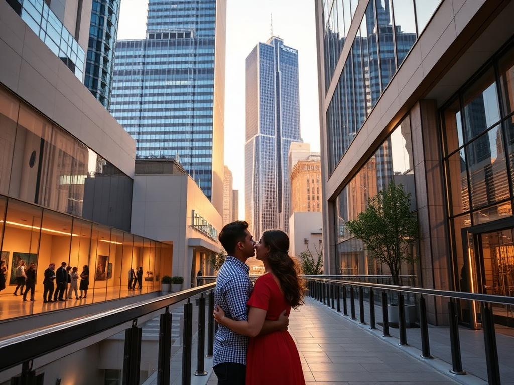 Romantic couple enjoying arts & culture scene in Dallas - perfect date planning destination with stunning city views and intimate atmosphere