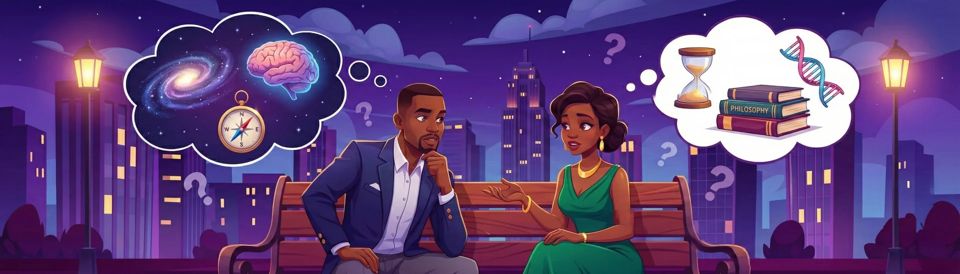 Couple having a deep conversation on a park bench at night with thought bubbles showing philosophical symbols like galaxies, brains, hourglasses, and philosophy books
