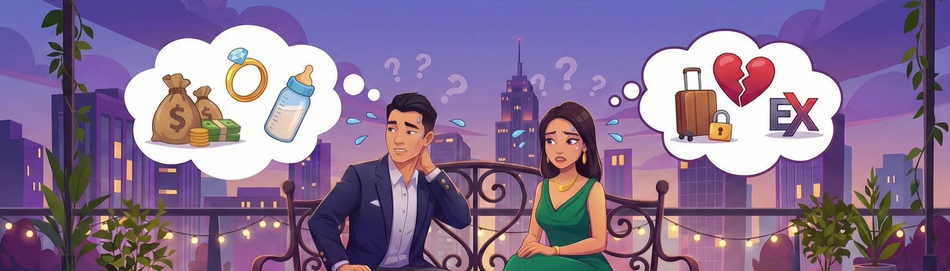Couple on an awkward first date with thought bubbles showing topics to avoid like money, marriage, exes, and emotional baggage