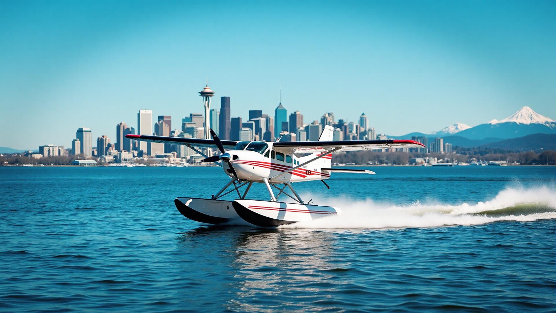 Seaplane taking off from Lake Union with Seattle skyline in background