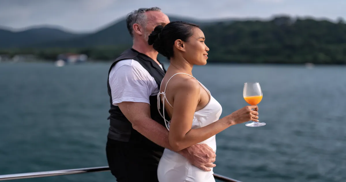Couple on a Mississippi River cruise near downtown New Orleans
