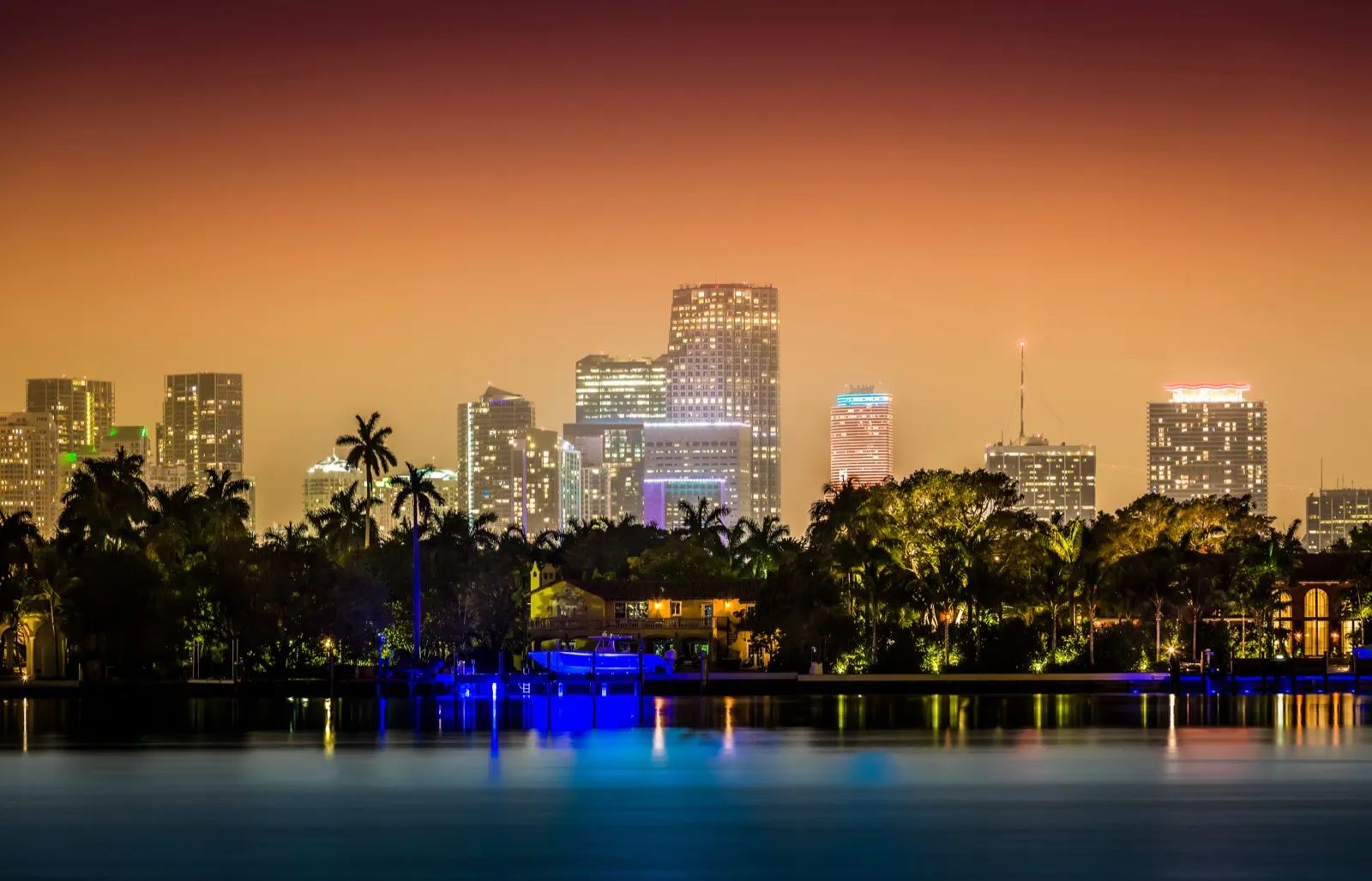 Miami skyline glowing at sunset with palm trees, ideal for a romantic helicopter date