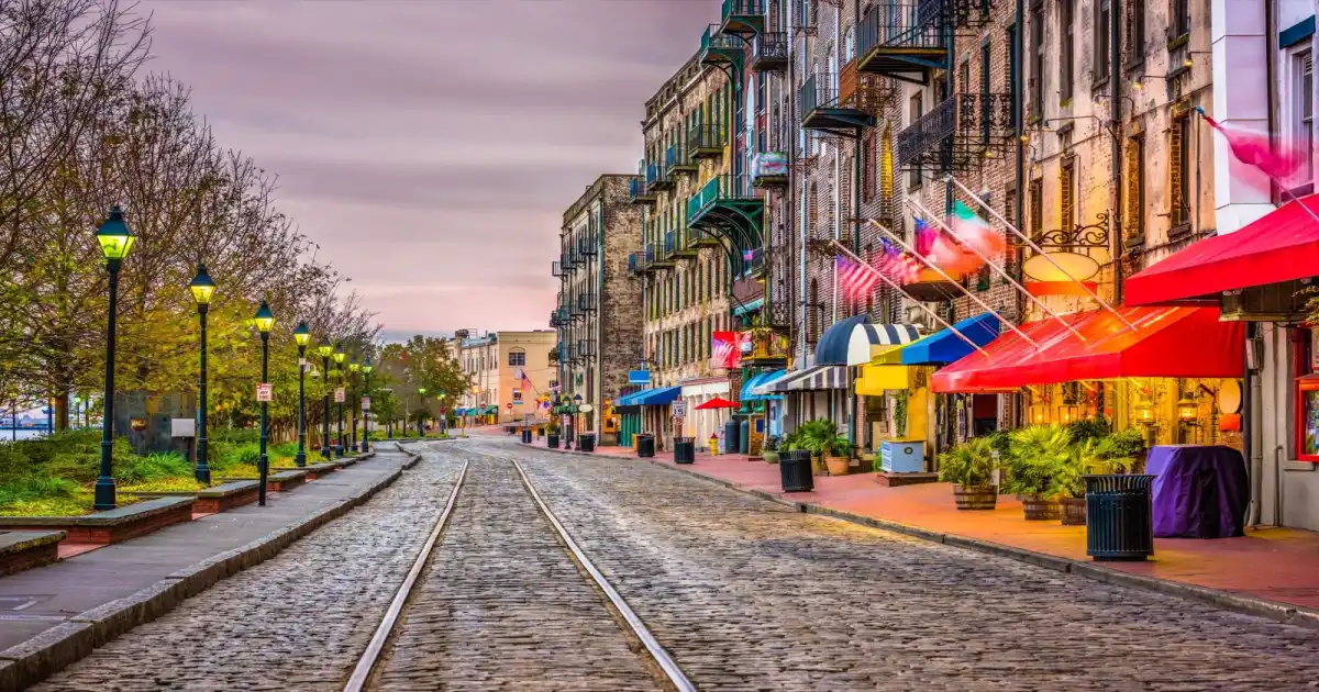 River Street cobblestone waterfront with restaurants and shops along the Savannah River
