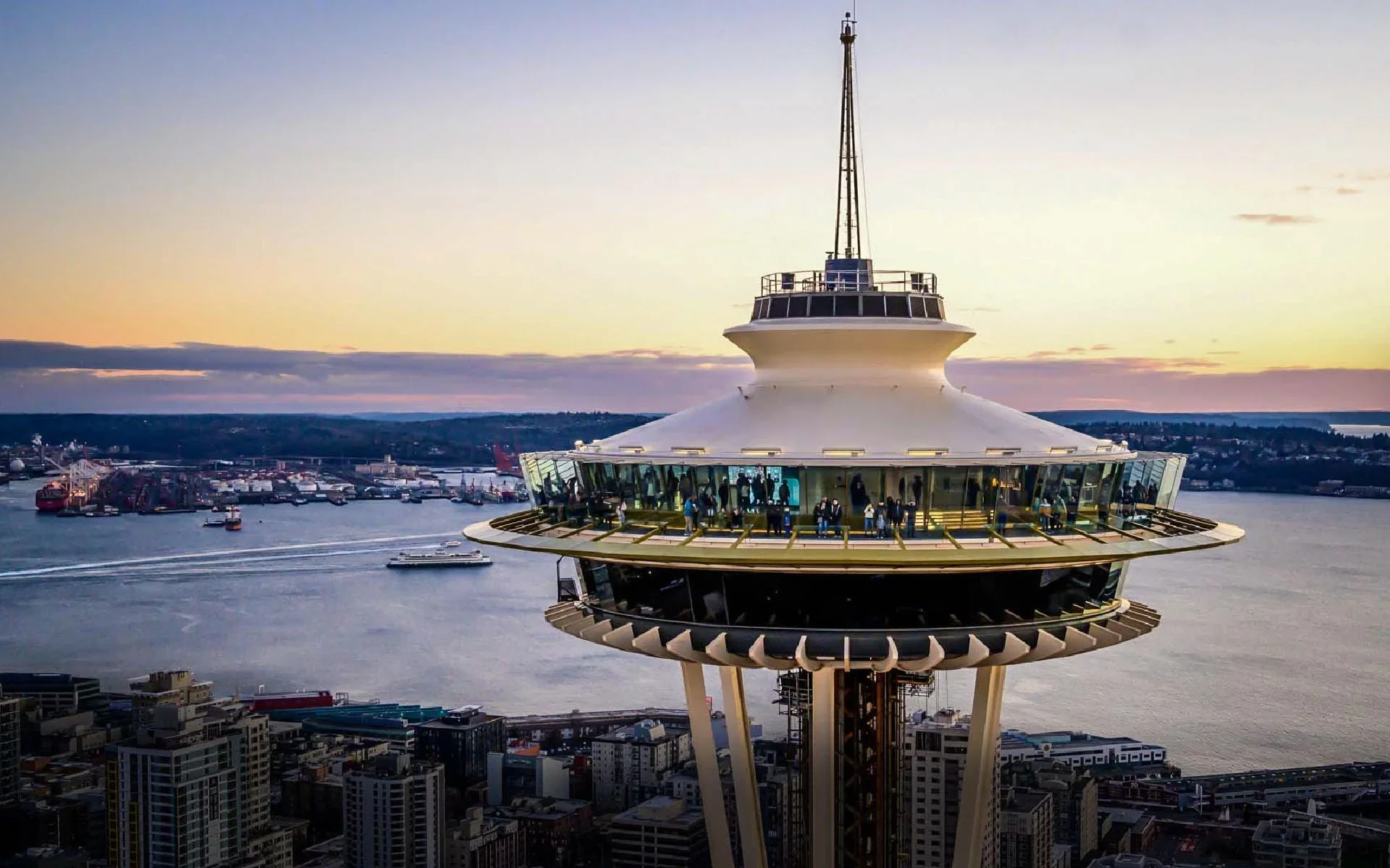 Space Needle with Seattle skyline at sunset