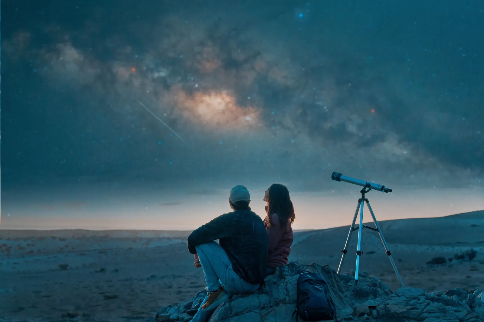 Couple stargazing together under night sky