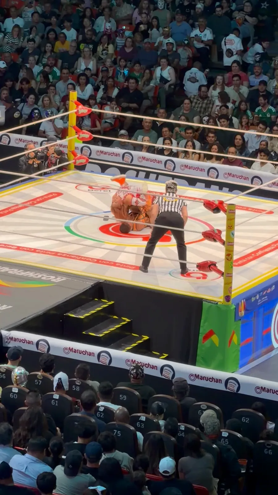 The full ring at Arena Mexico mid-match with packed stands rising on every side