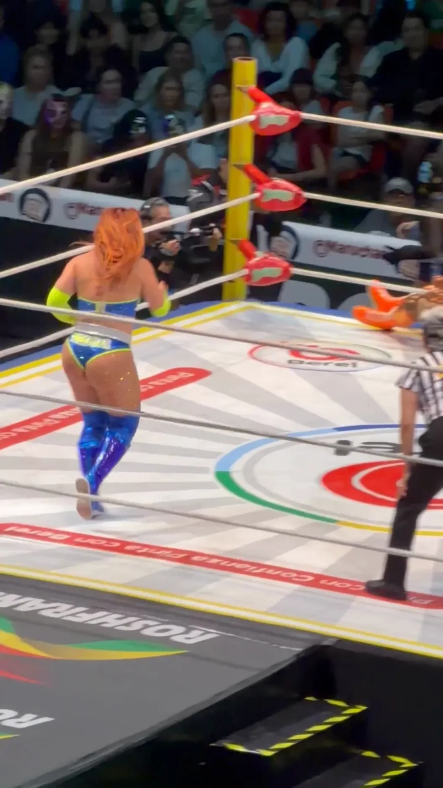 Two luchadoras mid-match by the ropes at Arena Mexico with the referee and the crowd behind