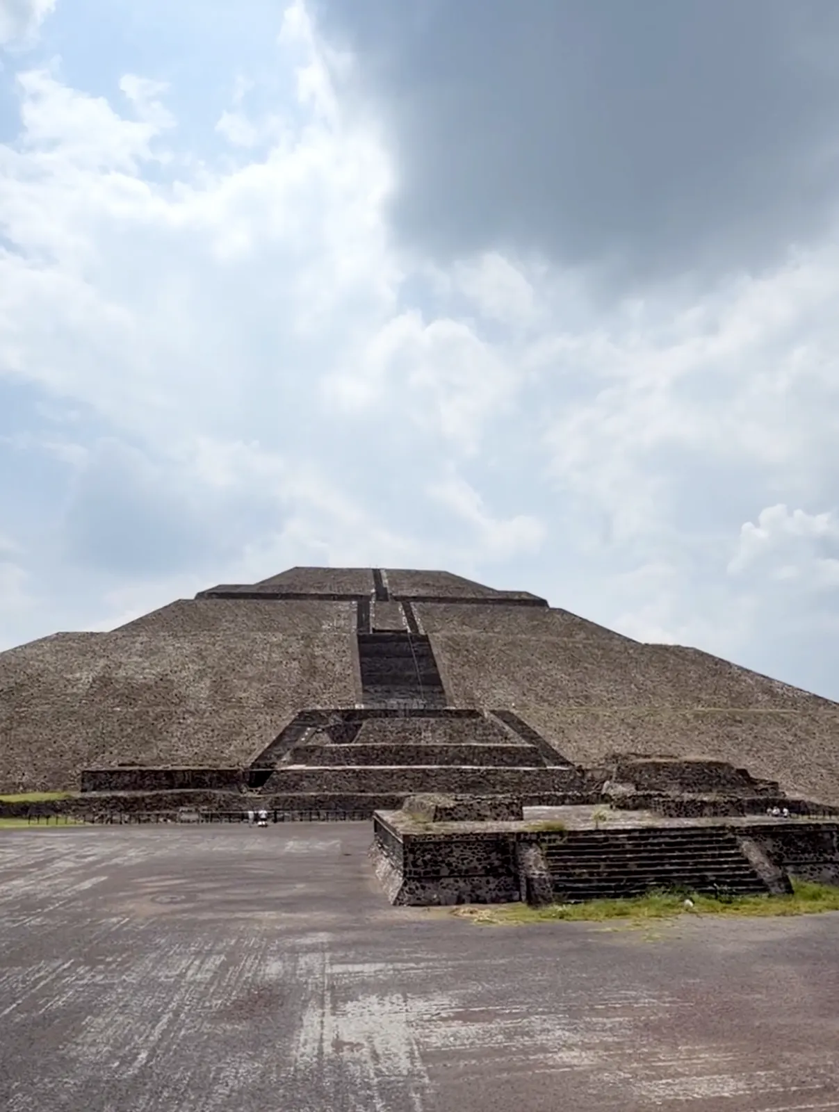 The Pyramid of the Sun at Teotihuacan seen straight on from the plaza at its base