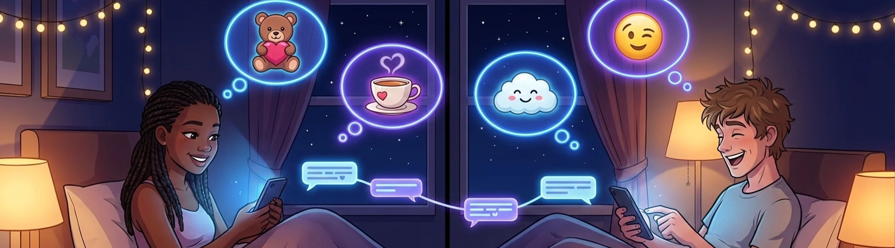 Couple texting cute questions back and forth with smiles on their faces