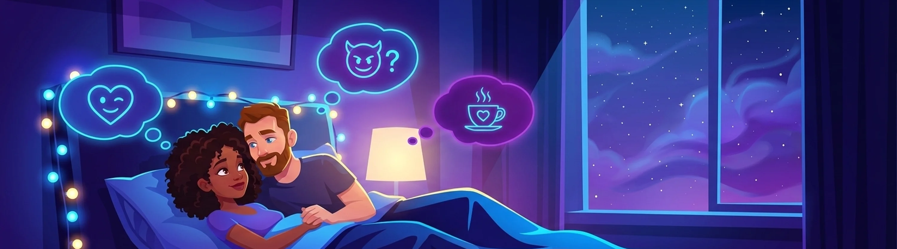 Couple sharing flirty questions during an intimate evening together at night