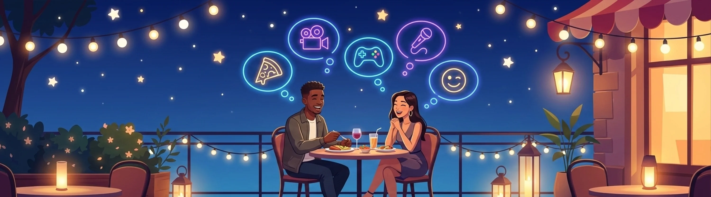 Couple laughing together while asking fun and playful questions on a date night