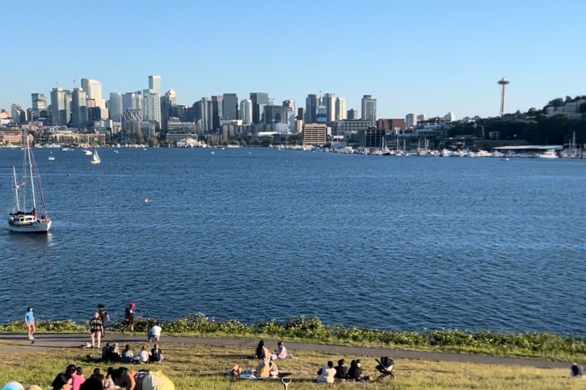 Couple at Gas Works Park Seattle with Lake Union skyline view and industrial structures